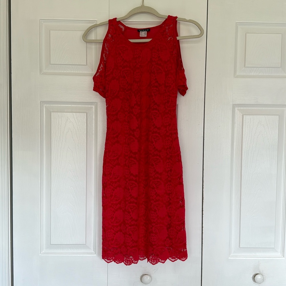 Red lace cold shoulder dress